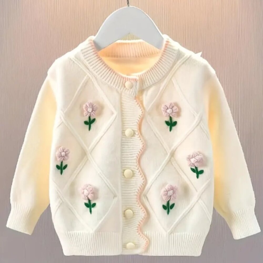 Boutique Girls Floral Pink White Flower Cardigan Sweater